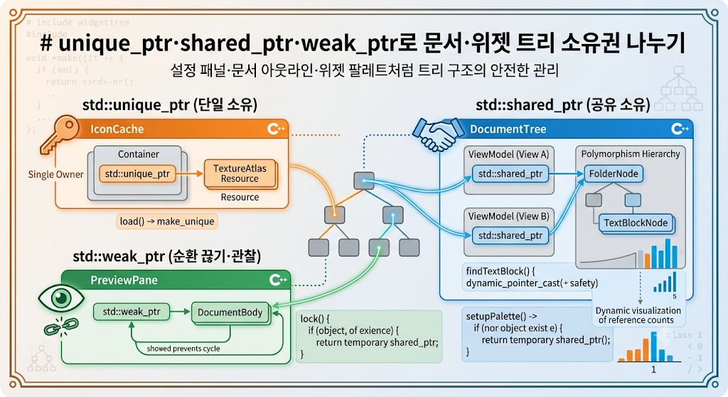 unique_ptr·shared_ptr·weak_ptr로 소유권 나누기 대표 이미지