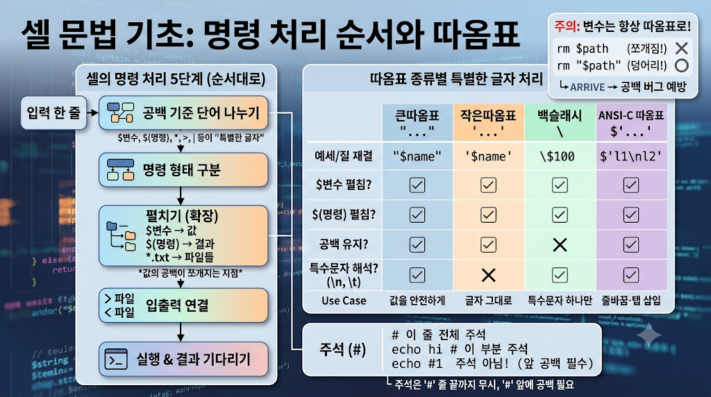 셸 문법 기초 · 따옴표 · 주석 대표 이미지